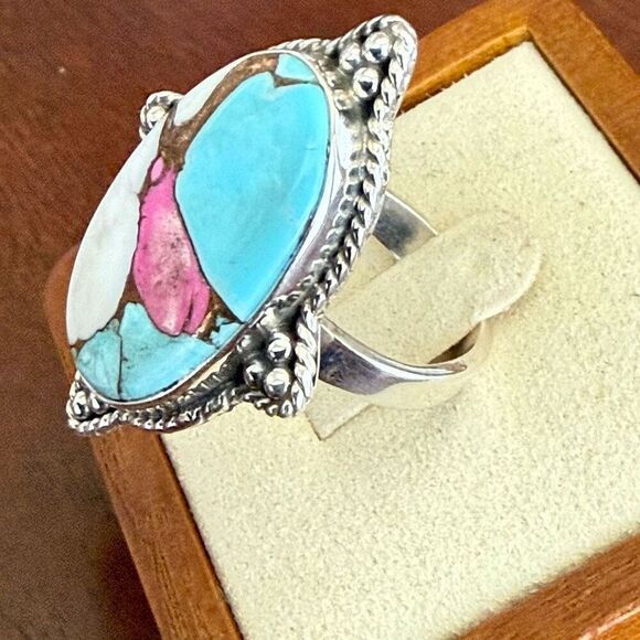 Unique Southwestern Cotton Candy Turquoise Oval Ring Sterling Silver Framed Sz 8 - Picture 2 of 7